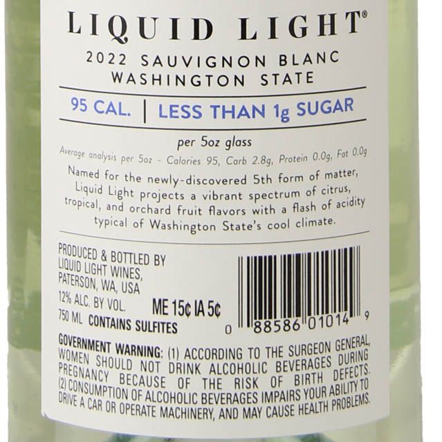 Liquid Light Sauvignon Blanc Washington Low Calorie Low Sugar Low